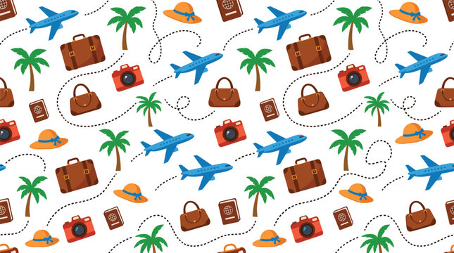 Colorful Travel and Vacation Seamless Pattern with Airplane, Luggage, Camera, Palm Tree, and Passport for Tourism and Holiday Designs