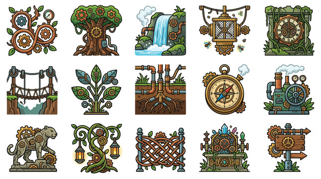Steampunk Elements Collection: Gears, Nature, and Inventions in Pixel Art Style.