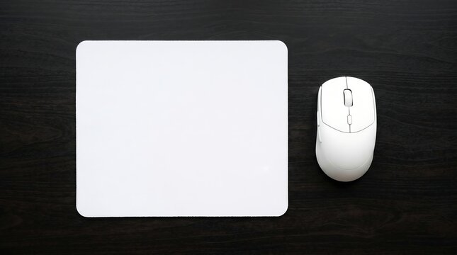 White computer mouse and blank white mouse pad on dark wood surface