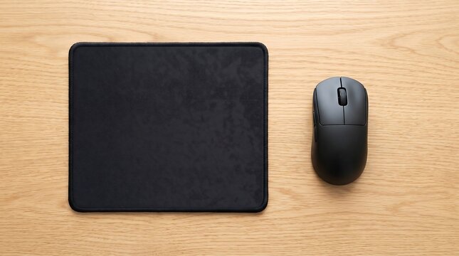 Top view of black computer mouse and mousepad on wooden desk
