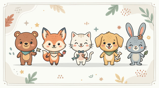 A group of cute cartoon animals standing together.