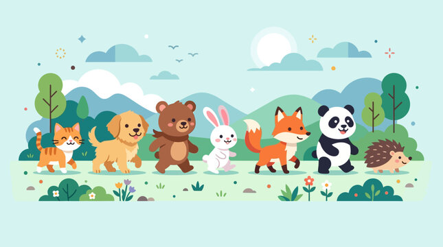 Cartoon animals in a natural landscape.
