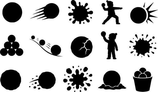 Snowball winter play fight silhouettes vector icon set isolated