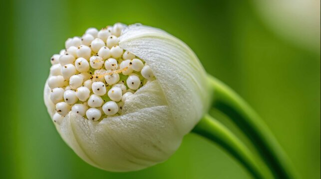 Cluster of Tiny Thrips Insects on a Delicate White Flower Bud in Close-Up Macro View