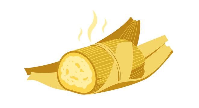 Hot steaming tamale wrapped in corn husk with steam rising isolated on white background