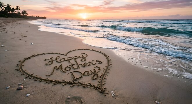 Happy Mother's Day written in large heart on sunset shore