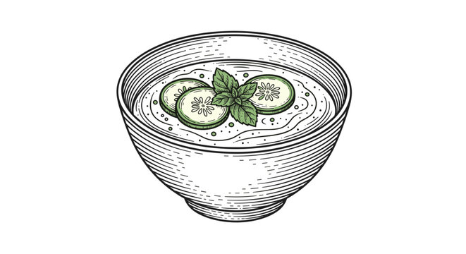 Hand drawn illustration of a bowl of cold soup garnished with cucumber slices and mint leaves