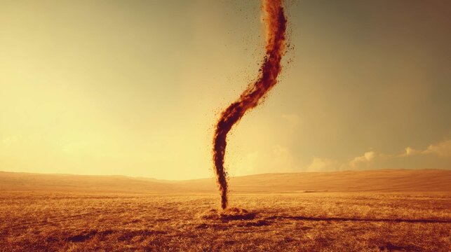 A towering dust devil swirls with intense power across a dry, open plain under a hazy sky.