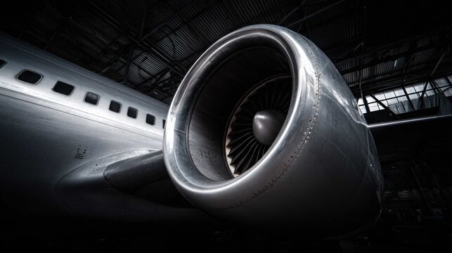 Close-up view of a polished stainless steel jet engine intake cowl on an aircraft