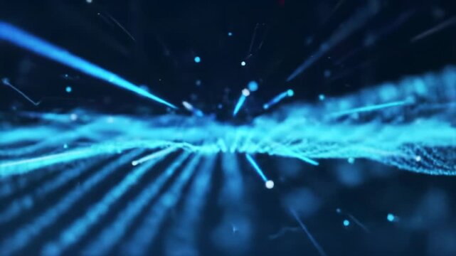 Mesmerizing, abstract digital data flow video with bright blue and vibrant cyan glowing particles and lines forming fluid wave patterns in dark cyberspace. Slow push-in and arcing dolly video enhance