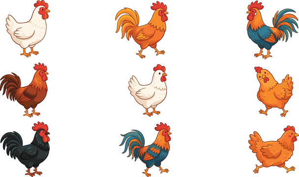 Colorful Rooster and Hen Collection Set with Various Breed Chickens in Cartoon Style for Farm, Poultry, and Animal Designs