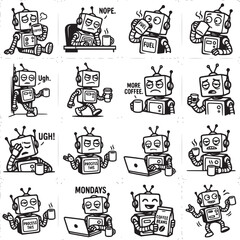 Fototapeta premium Robot Characters Performing Various Human Activities and Emotions in Sketch Style Illustration