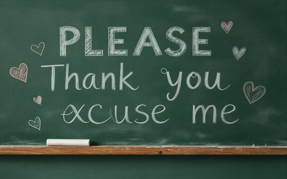 Chalkboard with polite phrases and hearts classroom gratitude message.