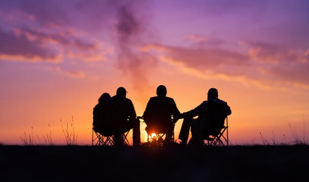 Friends gathering around campfire enjoying sunset camping
