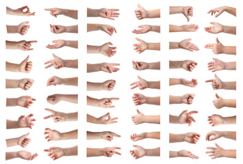 Children showing hands, closeup. Collection of gestures on white background