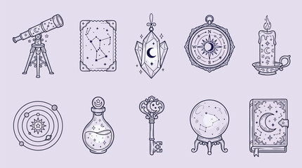 Collection of mystical and celestial objects, including a telescope, crystal ball, and ancient book. © KN collection