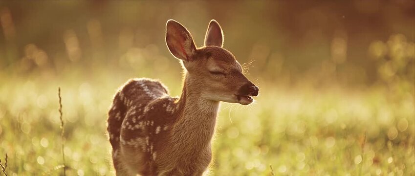 Fawn baby deer wildlife animal mammal in grass meadow field at sunrise with golden morning sunlight nature outdoor standing peaceful cute brown fur white spot spring summer countryside rural