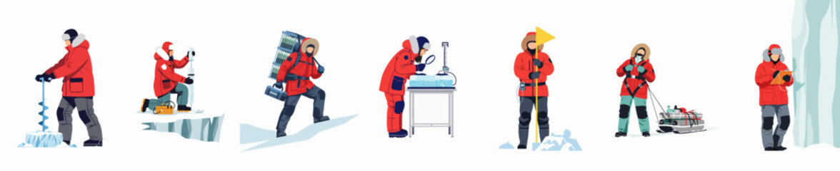 Collection of Arctic Researchers and Scientists in Red Parkas Conducting Ice Core Sampling and Environmental Studies in a Polar Climate Illustration © Yanto