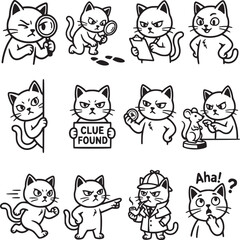 Fototapeta premium Detective cat character set with 12 vector icons, cute investigator kitten mascots in black and white line art, funny feline sleuth stickers for mystery projects