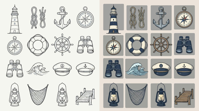 Nautical Icons Set: Lighthouse, Anchor, Compass, Ship Wheel, Binoculars, Lifebuoy, Rope, Wave, Cap, Net, Lantern, Dock.