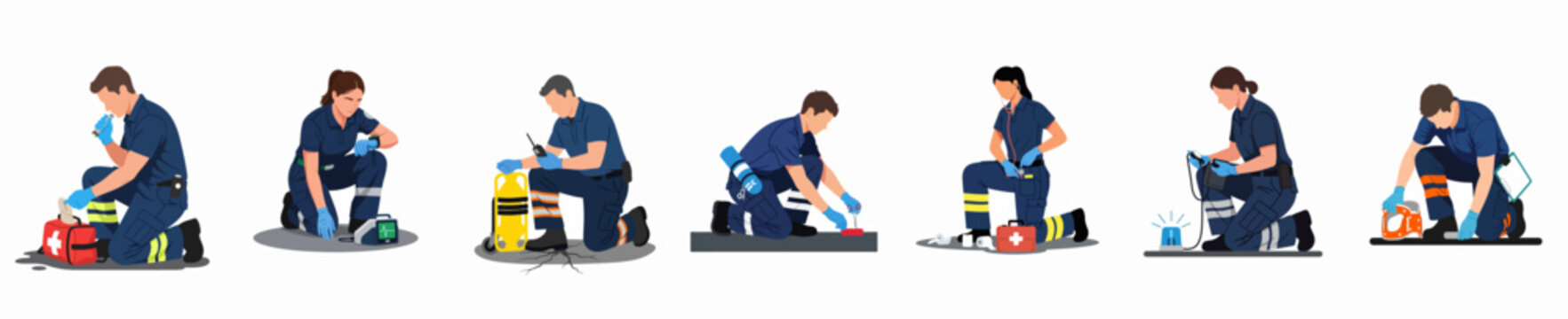 Set of illustrations depicting professional paramedics and emergency medical technicians performing various medical rescue procedures and using first aid equipment.