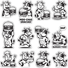 Fototapeta premium Cartoon cow character mascot set, funny black and white cattle eating burgers, 12 vector stickers for fast food restaurant branding and menus