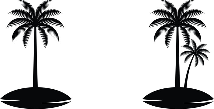 Tropical Palm Tree Island Silhouette Set with Single and Double Palm Trees for Summer, Beach, and Travel Logo Designs