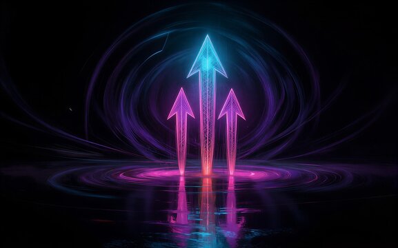 Neon arrows glow upward radiating energy in a cosmic reflective pool.