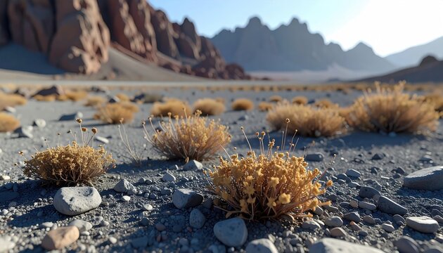 Arid landscape with dry desert plants and rugged rock formations