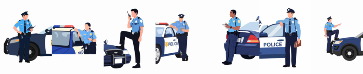 Set of diverse police officers in uniform standing near patrol cars, illustrations of law enforcement personnel on white background. © Yanto