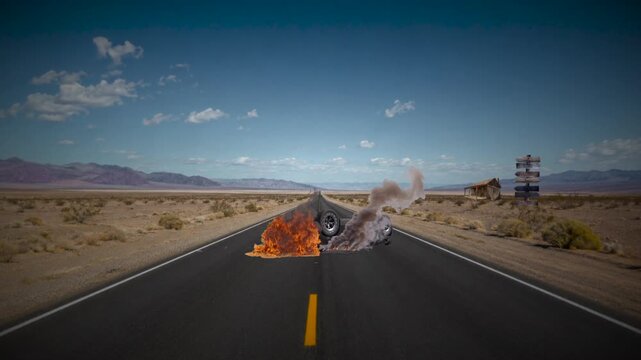 Car upside down on fire desert highway.