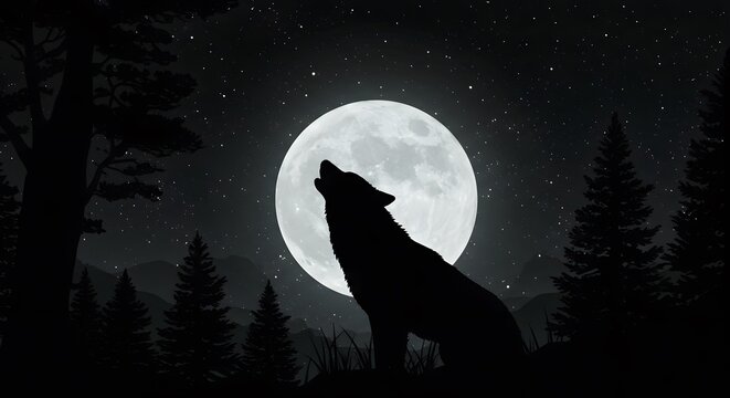 Wolf howling at full moon night.
