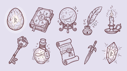 Collection of fantasy and magic icons including a dragon egg, spellbook, crystal ball, quill, candle, key, potion, scroll, sword, and rune stone. © KN collection