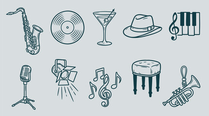 Collection of jazz music icons including a saxophone, vinyl record, martini, fedora hat, piano keys, microphone, spotlight, musical notes, stool, and trumpet. © KN collection