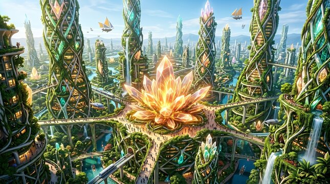 depicts a breathtaking, futuristic solarpunk metropolis where advanced technology and nature coexist in perfect harmony.