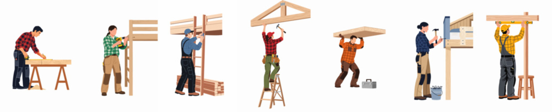 Diverse collection of male and female carpenters and construction workers using various tools to build and assemble wooden structures on a white background.