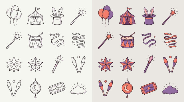 Collection of circus-themed icons in two styles, outline and filled, featuring balloons, tent, magic hat, wand, drum, ribbons, stars, juggling pins, lantern, ticket, and clouds.