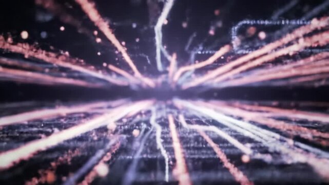 Wide-angle, cinematic abstract video of luminous red-orange digital information flow in a dark void, with a subtle dolly zoom, transforming into tranquil blue-purple coherent data streams and an