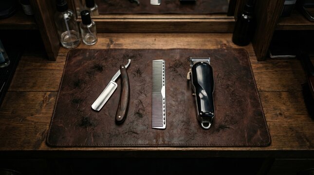 Barber tools including straight razor comb and clippers on a leather mat with scattered hair