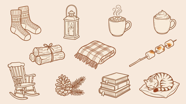 Cozy winter icons set including warm socks, hot drinks, blanket, rocking chair, and sleeping cat.