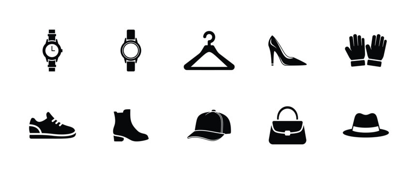 Fashion accessory icons showing footwear and headwear for styling outfits with watches high heels shoes gloves cap and handbag for trendy clothing and personal adornment.