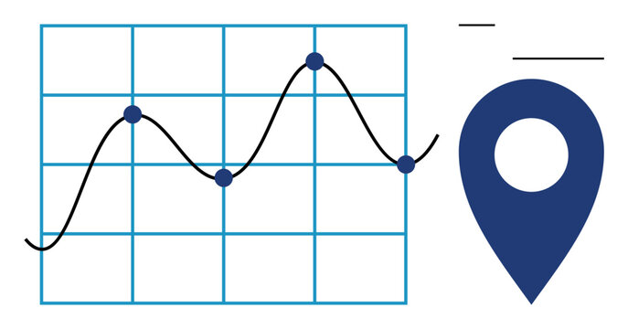 Data visualization, analytics, geolocation, business strategy, tracking trends, navigation solutions. Line graph with data points and a blue location pin. Data analytics and geolocation concept