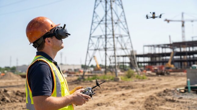 Construction worker wearing fpv goggles operating an inspection drone at a building site