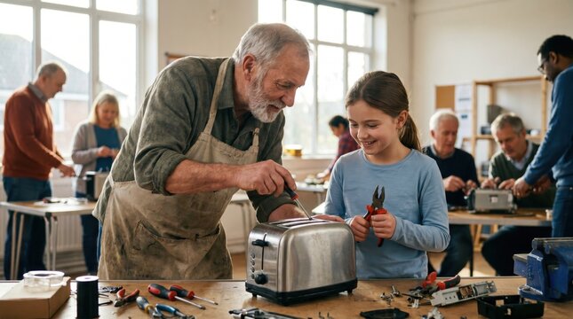 Elderly man teaching a young girl how to repair a broken toaster at a community repair cafe
