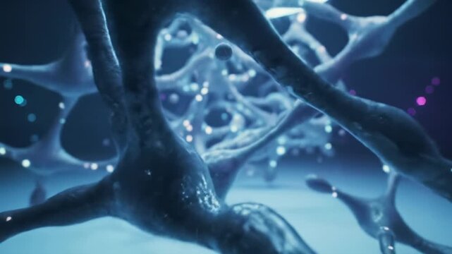 An intricate, futuristic abstract digital network of morphing metallic-grey tendrils and glowing translucent blobs, evolving with electric blue and purple backlighting, captured in a cinematic