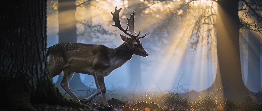 Deer stag antler forest sunlight morning mist autumn wildlife nature deer walking through foggy forest, warm sunlight filtering between tree trunks and soft autumn mist creating calm atmosphere with