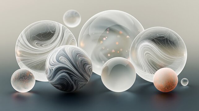 AI-generated image of a set of glass spheres of various sizes, in black, white, gray and pink