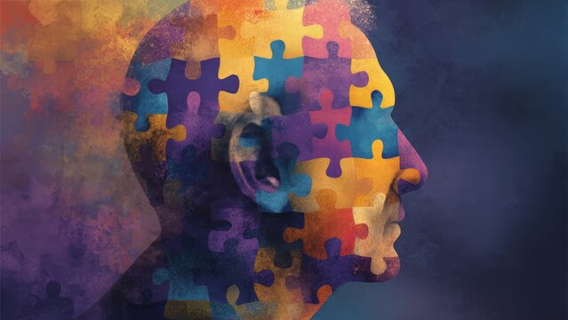Colorful puzzle piece human head symbolizing mental health and cognitive awareness