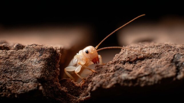 Close-up macro photograph of an earwig with prominent pincers emerging from a crack in brown soil and rocks