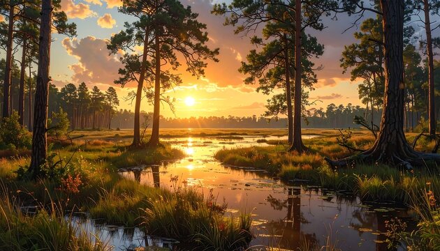 A serene wetland scene, tall trees frame a stream reflecting a sunset's warm hues across a tranquil landscape
